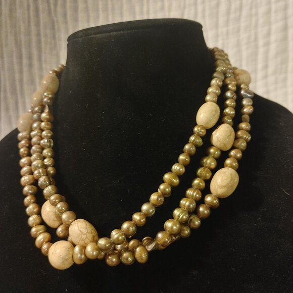 Cultured Pearl Necklace Baroque Sterling Stone Beige Cream Rock Statement Earth - Picture 11 of 16